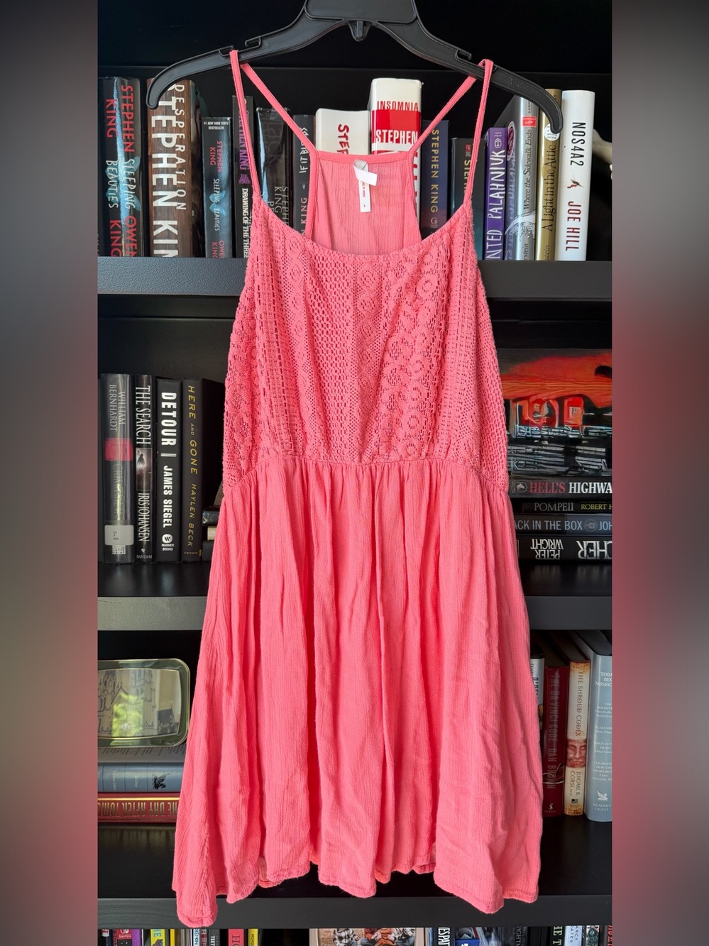 True Destiny Coral Pink Crochet Bodice Midi Dress